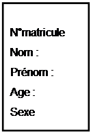 Zone de Texte: Nmatricule
Nom :
Prnom :
Age : 
Sexe 	

